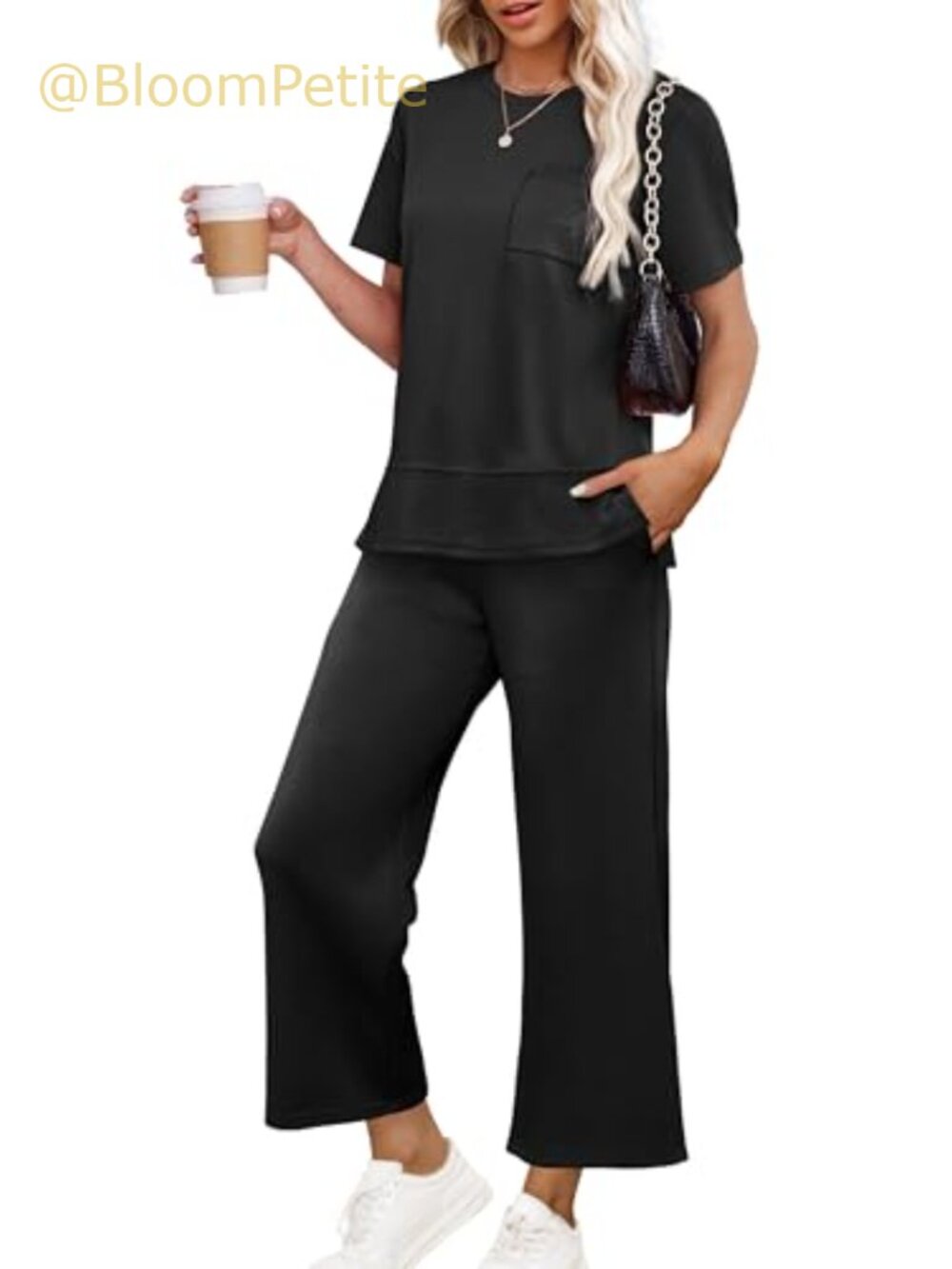 Spacer Fabric 2-Piece Lounge Set Wide Leg Cropped Pants Crewneck Top Travel
